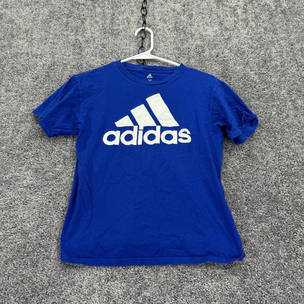Adidas Shirt Kids Medium Blue Short Sleeve Logo Graphic Tee Sport Casual Tagless